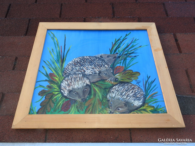 Hedgehog family - painting - oil / canvas - marked