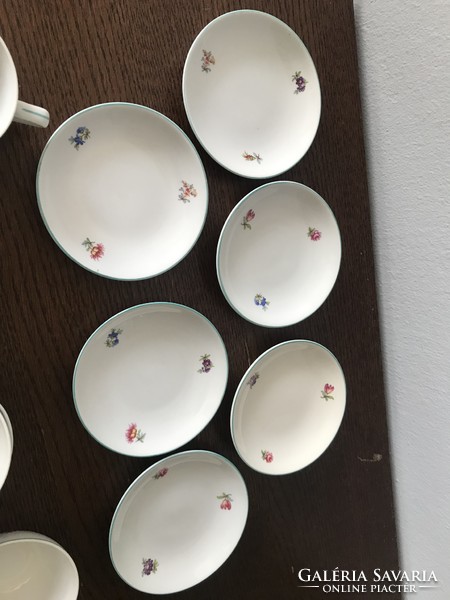 6 db-os Hollóházi porcelán kávés csésze szett készlet régi apró virág mintával zöld csíkkal