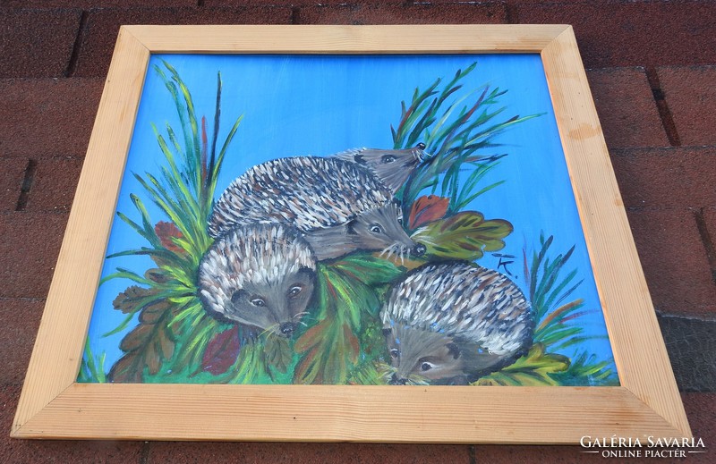 Hedgehog family - painting - oil / canvas - marked