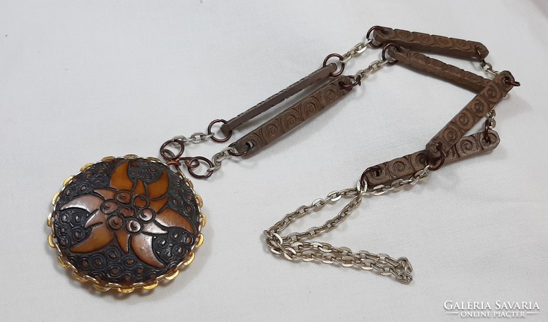 Vintage burnt inlaid wooden necklace