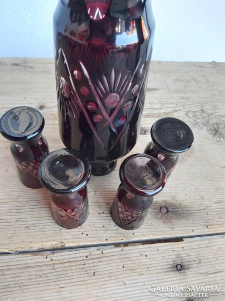 Retro 4-person burgundy bottle with drink brandy half set liqueur set 4 glasses + pouring bottle
