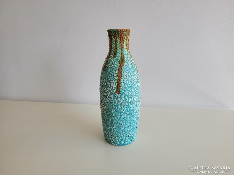 Régi retro repesztett mázas zsugormázas kerámia váza mid century