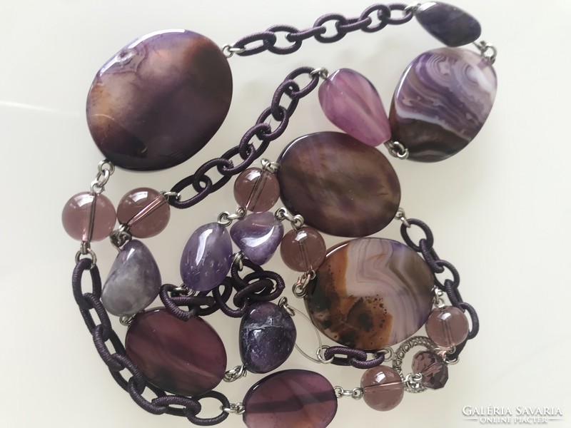 Necklace made of pink agate and amethyst eyes, 86 cm long