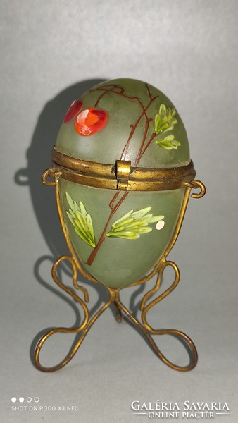 Antik elragadó filigrán réz szerelékes festett üveg tojásdad szelence