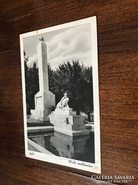 Monument to the heroes of Győr old postcard black and white 10 pence with Hungarian post stamp.