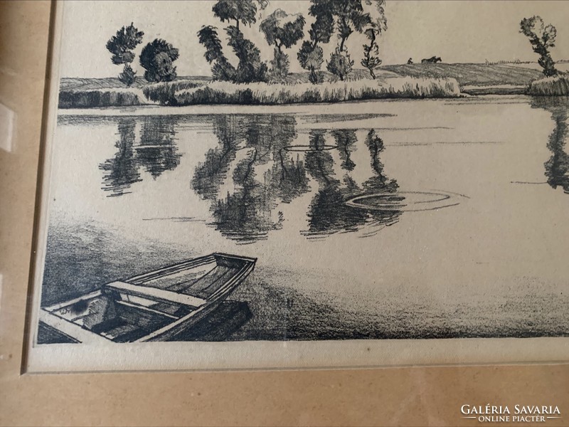 István Zádor etching, boat, lake
