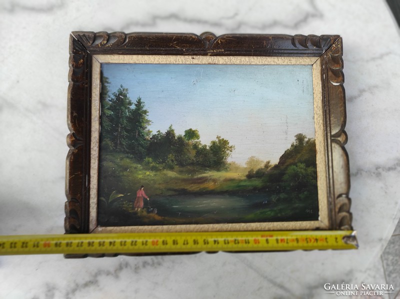 Landscape in a wooden frame, meticulous elaboration in miniature style! Austrian, alpine, Tatra style painting,