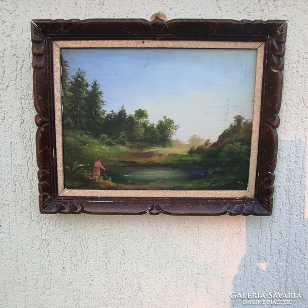 Landscape in a wooden frame, meticulous elaboration in miniature style! Austrian, alpine, Tatra style painting,