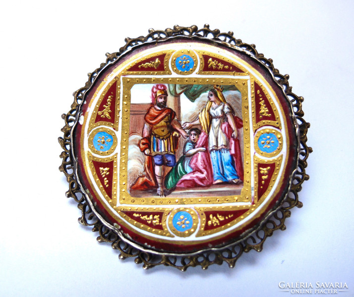 Viennese silver brooch with extraordinary painted mini frescoes.