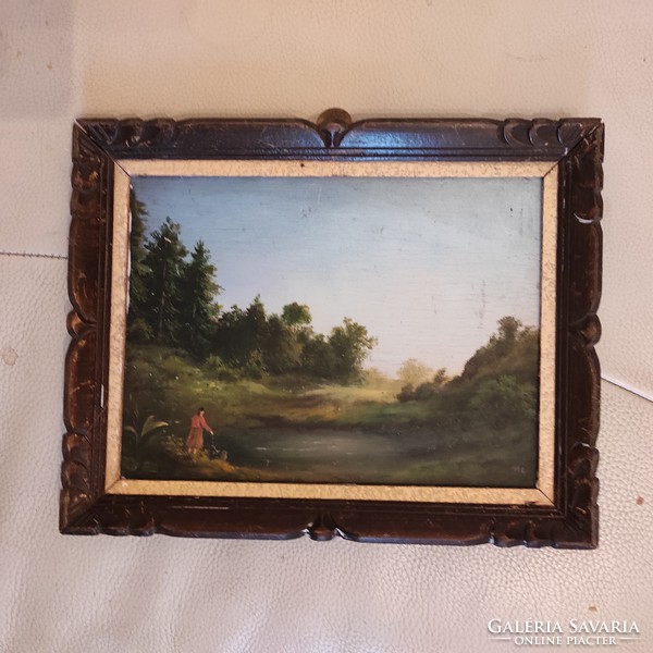 Landscape in a wooden frame, meticulous elaboration in miniature style! Austrian, alpine, Tatra style painting,