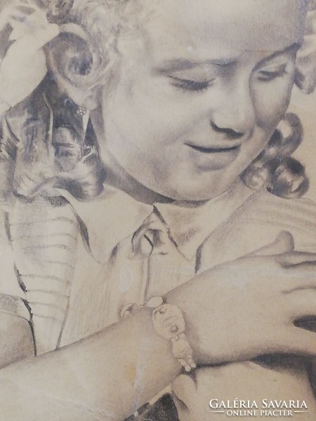 Kislány cicával 1946 orosz ceruzarajz szignós