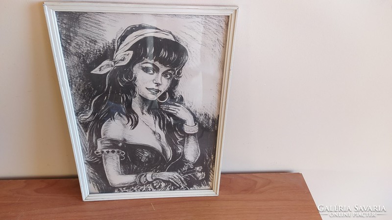 (K) beautiful gypsy girl (ink drawing?) 25X35 cm with frame