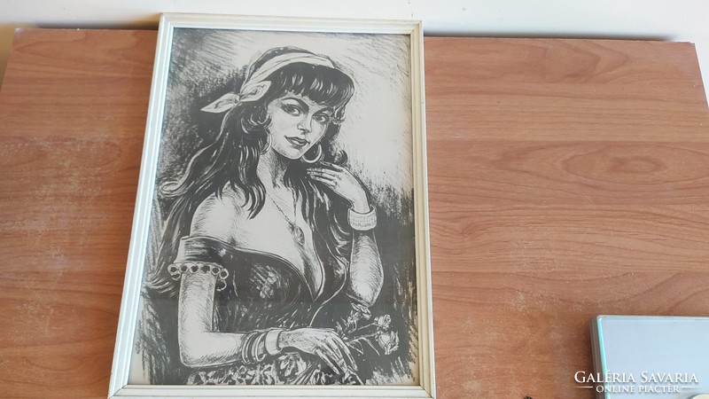 (K) beautiful gypsy girl (ink drawing?) 25X35 cm with frame