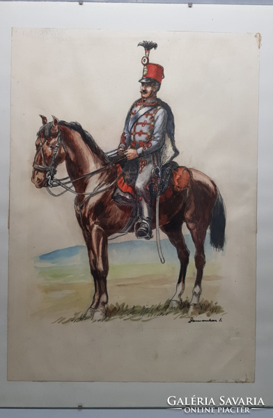 "Kossuth - huszár 1848" (15. huszár ezred) Tusrajz, akvarell  /Vitéz Horváth Gyula hagyatékából
