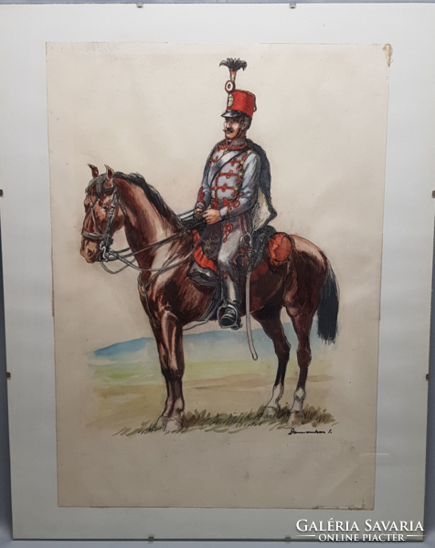 "Kossuth - huszár 1848" (15. huszár ezred) Tusrajz, akvarell  /Vitéz Horváth Gyula hagyatékából