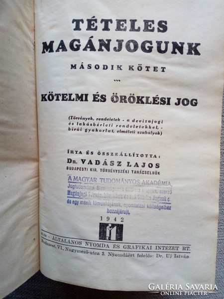 Dr. Vadász Lajos: Tételes magánjogunk I-II. (1942)