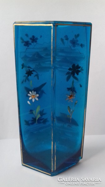 Antique enamel painted bird blue glass vase