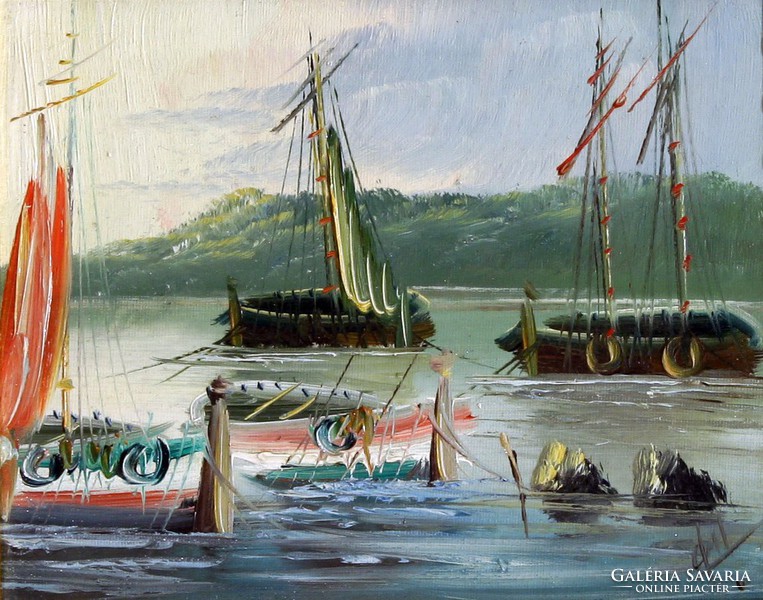 Kikötői jelenet, jelzett olajfestmény -- Balaton Badacsony Hajók móló vitorláshajó