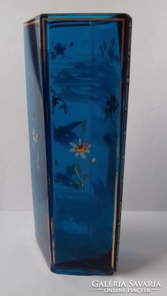 Antique enamel painted bird blue glass vase