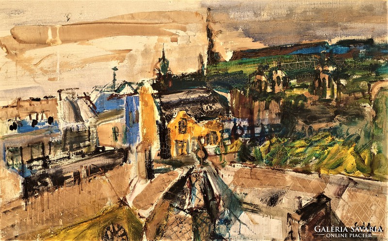 Lajos Sváby (1935 - 2020) painting of the rooftops of Pest c gallery 113x76cm with original guarantee!