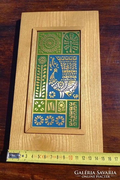 Copper plaque picture on wooden wall with peacock blue green paint in nice condition