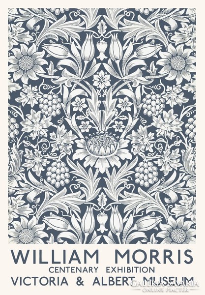 William Morris centenáriumi kiállítás reprint plakát viktoriánus tapéta textil minta kék napraforgó