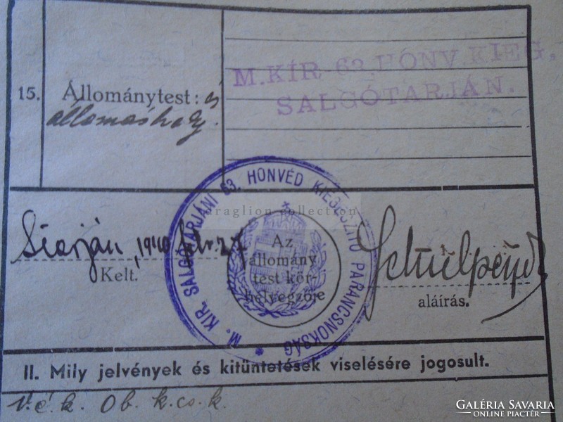 Za397.3 Identity card - Hungarian Royal Army Supplementary Command in Salgótarján recsk 1940