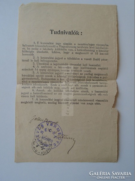 ZA397.7 M.kir. 63. Honvédkiegészítő Parancsnokság Salgótarján RECSK - Leszerelési jegy 1940