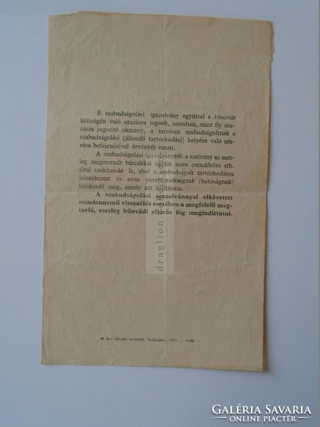 Za397.6 M.Kir. 63. Salgótarján of the Defense Supplementary Command - leave card 1940