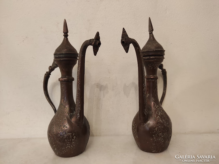 Antique 2 Piece Arabic Coffee Pouring Heavy Copper Jug Engraved Hunter Scene Morocco Syria 913 5283
