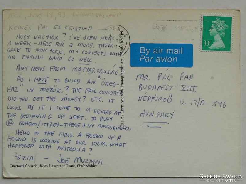 Joe Murányi postcard 1993, post card, postcard rarity (10.5x14.5 cm) original