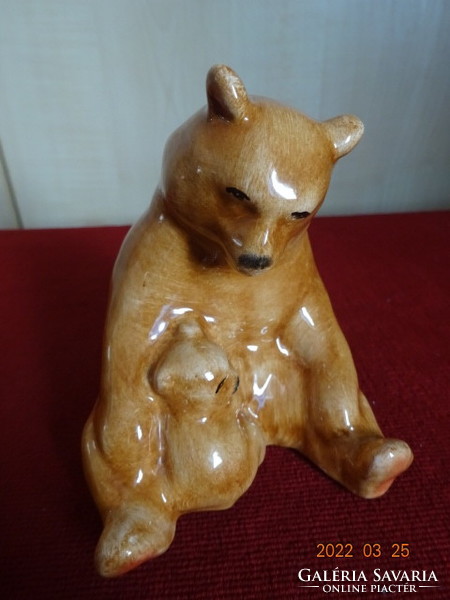 Bodrogkeresztúr glazed ceramic figurine, brown teddy bear with small bocce. He has! Jókai.