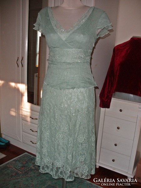 Water-green silk and lace fabric dress
