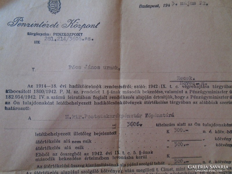 ZA397.23 Pénzintézeti Központ 1943  Recsk -Heves - Pócs János