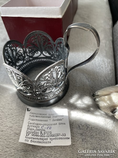7 db-os gyönyörű antikolt filigrán ezüst kazah teáspohár készlet
