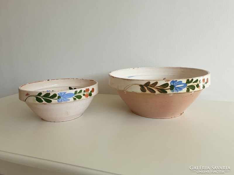Old antique 2 large floral folk wedding glazed tile bowl wall bowl