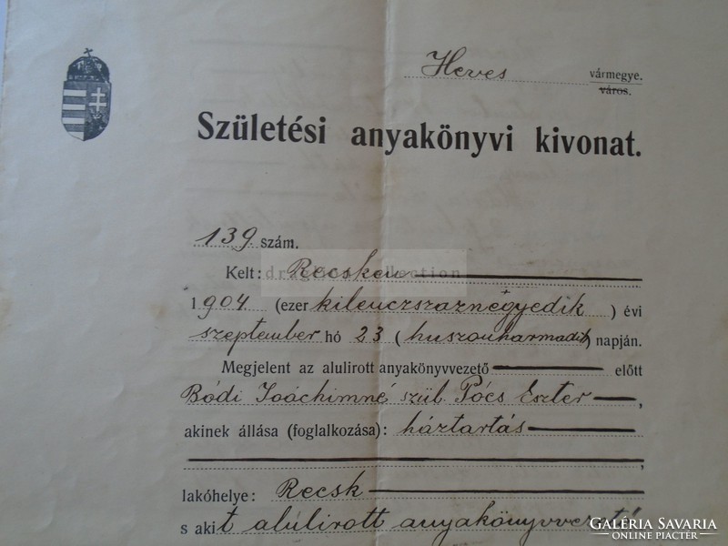 Za397.22 Birth certificate extract intense vm. 1916 János Bódi