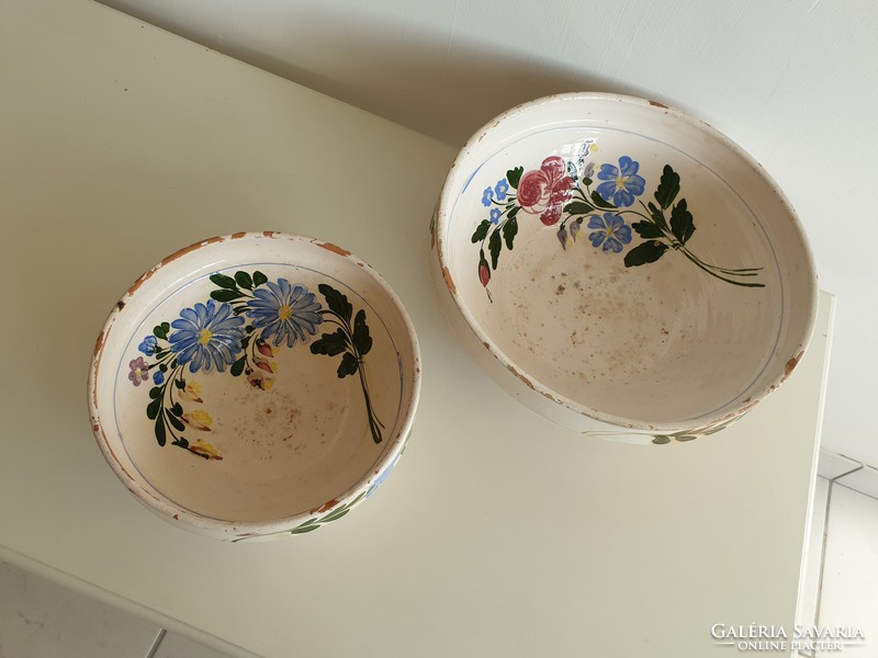 Old antique 2 large floral folk wedding glazed tile bowl wall bowl