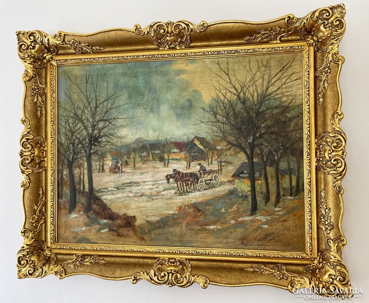 György Németh / winter street with horse-drawn carriage