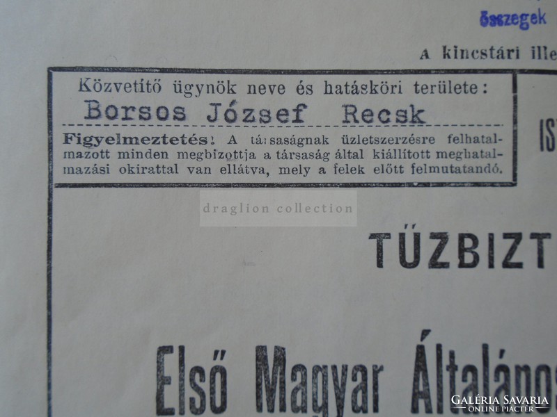 Za397.20 First Hungarian. Insurance company recsk -eger - 1940 fire insurance