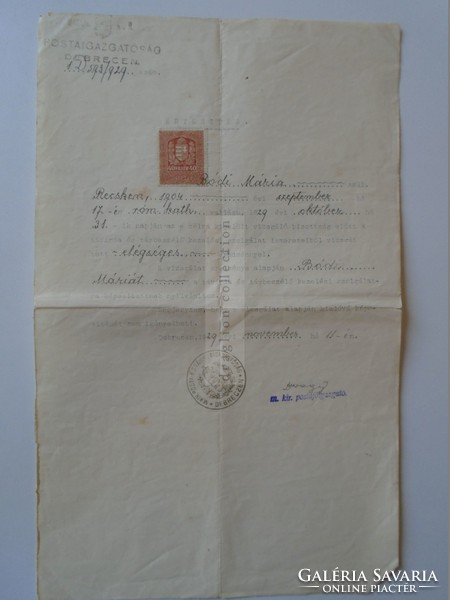 ZA397.17 M. kir. Postaigazgatóság DEBRECEN  1929    Bódi Mária