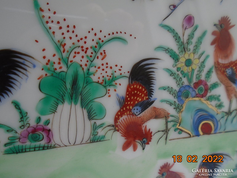 Újszerű Kézzel festett harcias KAKAS mintás, zománc mintás, Famille Rose régebbi kínai dísztál 26 cm