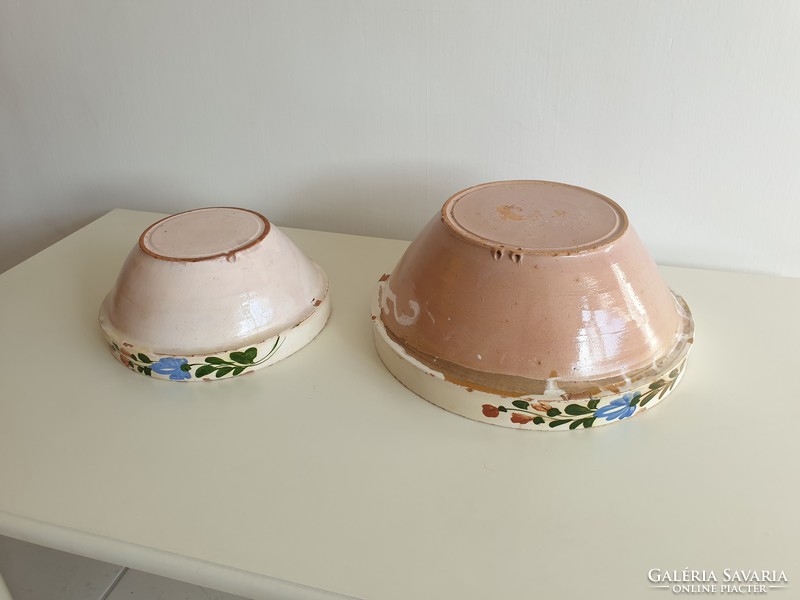 Old antique 2 large floral folk wedding glazed tile bowl wall bowl