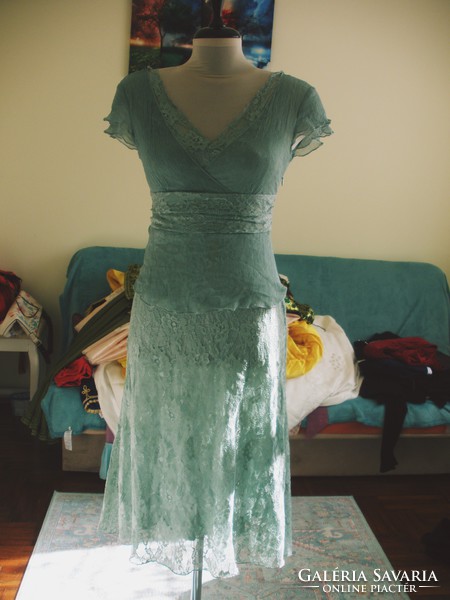 Water-green silk and lace fabric dress