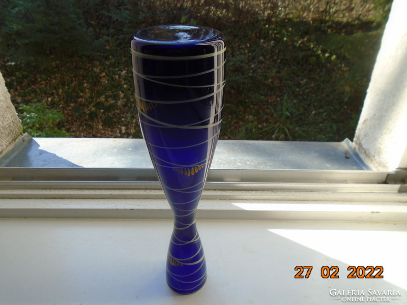 Parade vase with hand-painted silver stripes, cobalt blue glass