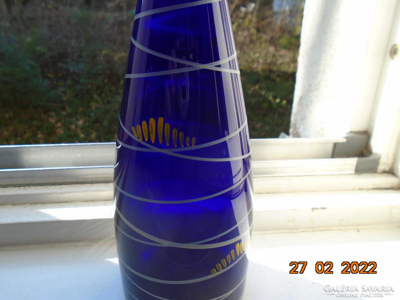 Parádi váza kézzel festett ezüst csíkokkal  kobaltkék üveg