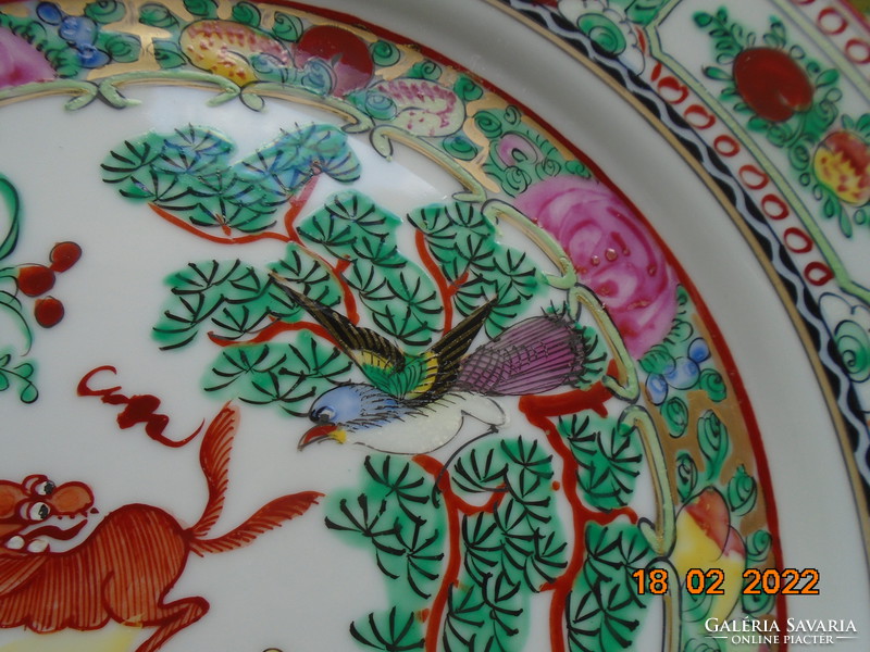 Antique rare two-tailed foo with dog and bird pattern, hand-painted famille verte decorative bowl with coins 26cm