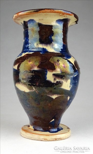 1H919 Antik folyatott ónmázas cserép váza 16 cm