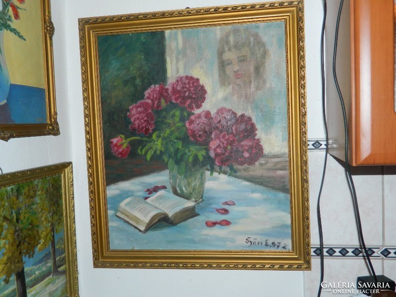 Marked quality still life with woman in oil / canvas