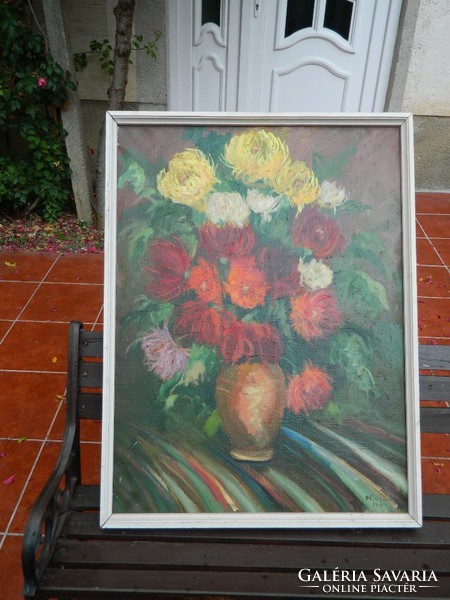 Huge marked oil / canvas flower still life